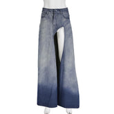 Gradient slit pocket irregular high rise denim midi skirt